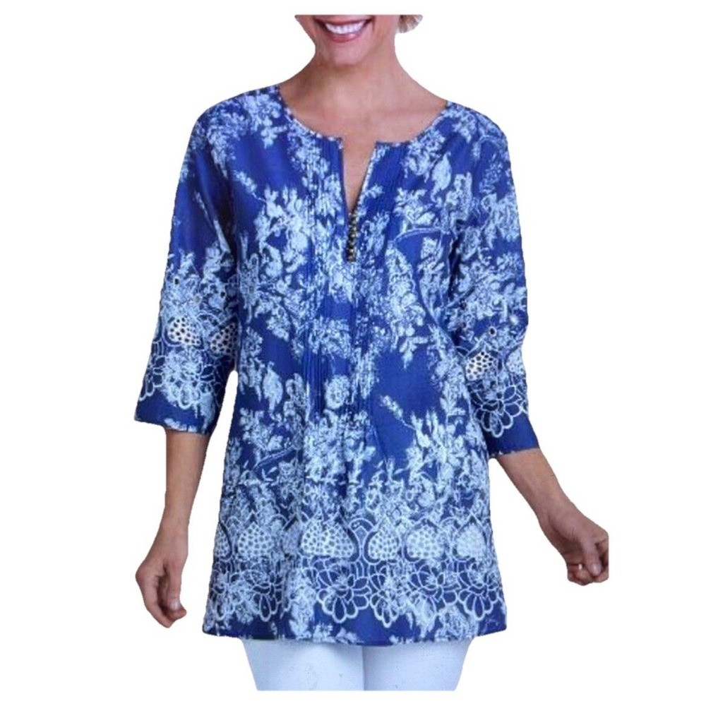 Soft Surroundings Blue White Floral Eyelet Cotton Tunic Top Blouse Womens Medium